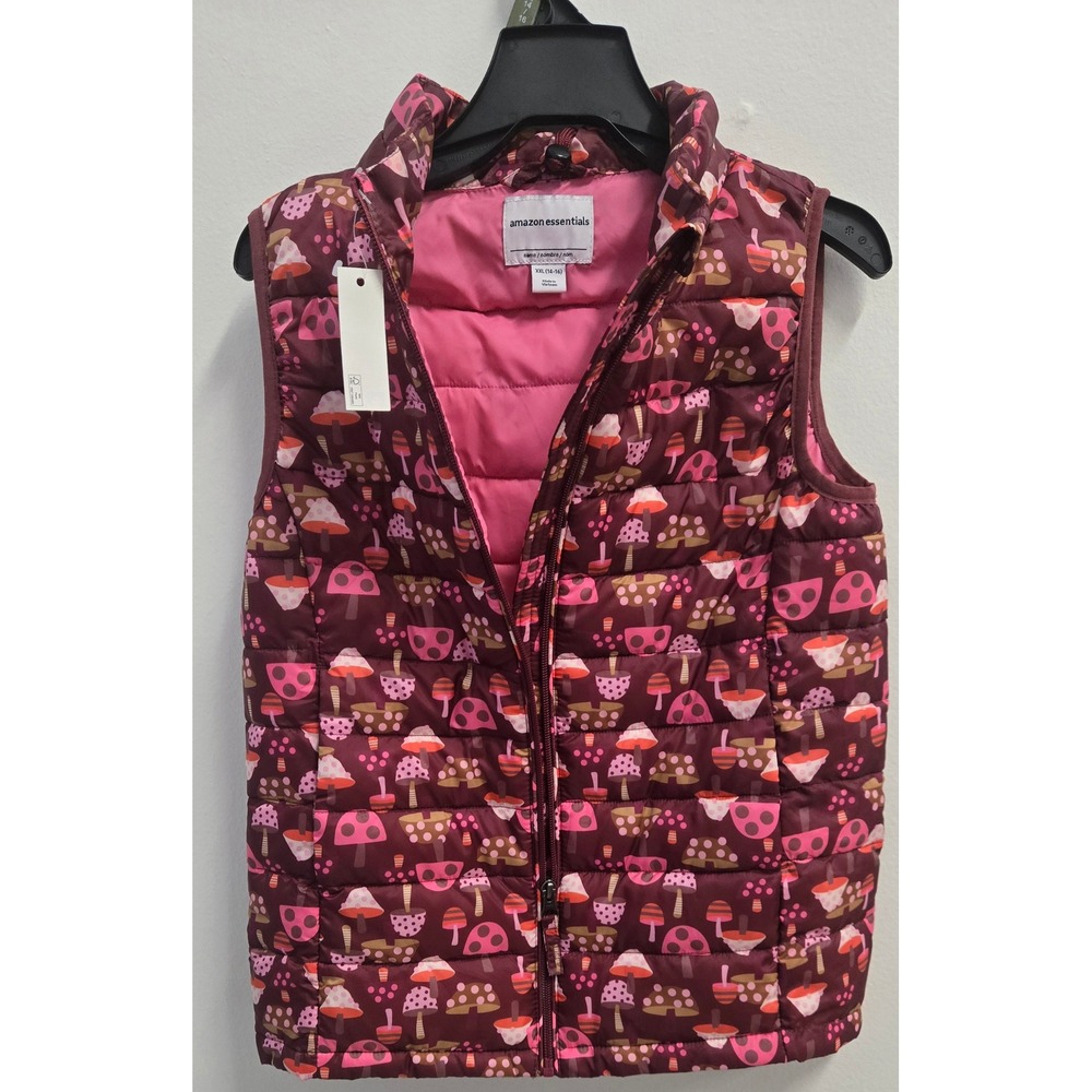 Amazon Essentials Kids XXL 14-16 Mushroom Print Puffer Vest Burgundy Pink New